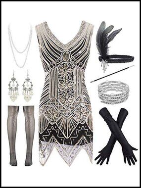 1920s Sequin Flapper Dress Set V-Neck Prom Costume with Accessories